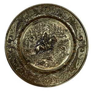 Vintage Brass Fox Hunt Wall Plate Embossed Equestrian Scene 14" English Country